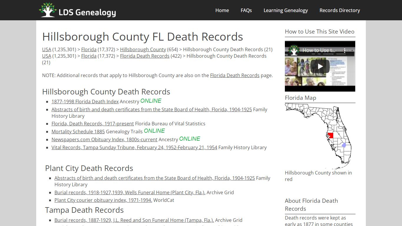 Hillsborough County FL Death Records - LDS Genealogy